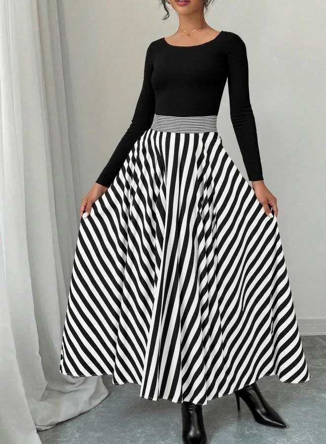 Take Two Women Black Striped A-Line Maxi Dress